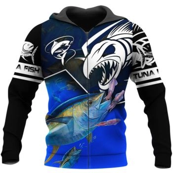 Loose And Fashion Blue Fish Pattern Animals Zip-Up Hoodie