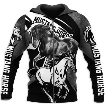 Fashion Black Horse Pattern Animals Zip-Up Hoodie
