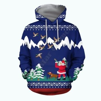 Street Style Blue Dog Tree Santa Claus Pattern Christmas Hoodie