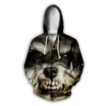 Vintage  Black Dog Pattern Animals Zip-Up Hoodie