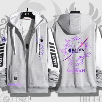Elegant Grey Genshin Impact Raiden Shogun Anime Zip-Up Hoodie