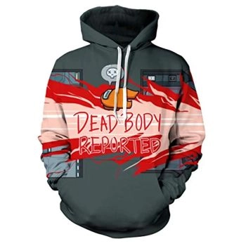 Video Game Among Us Hoodie &#8211; 3D Print Gray Dead Body Reported Drawstring Pullover Sweatshirt with Pocket