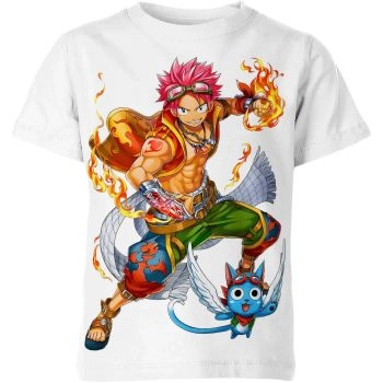 Playful White Natsu Dragneel And Happy From Fairy Tail Shirt