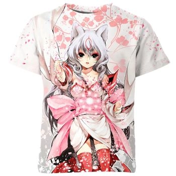 Cute Okami Anime Girl Shirt in White and Pink