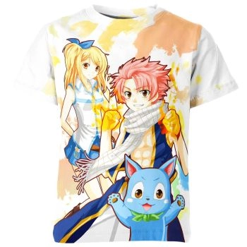 Dynamic White, Sunny Yellow, and Vibrant Multicolor Natsu Dragneel, Happy, And Lucy Heartfilia From Fairy Tail Shirt