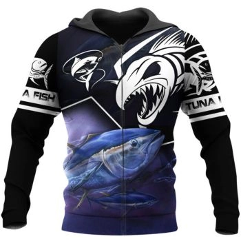 Loose And Gorgeous Blue Black Fish Pattern Animals Zip-Up Hoodie