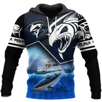 Loose And Gorgeous Black Blue Fish Pattern Animals Hoodie