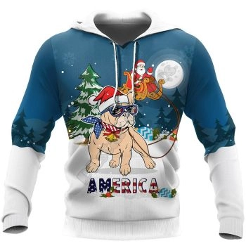 Classical  Blue White Dog Tree Santa Claus Pattern Christmas Hoodie