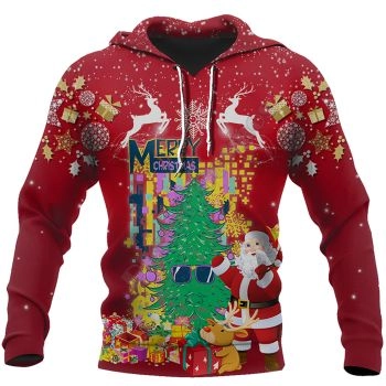 Loose And Gorgeous Red Tree Deer Gift Box Pattern Christmas Hoodie