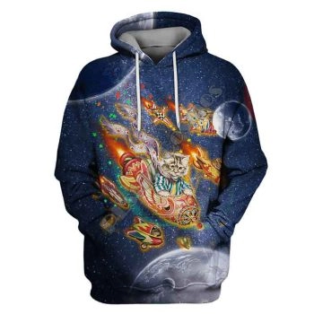 Loose And Fashion Blue Cat Rockets Pattern Human Face Hoodie