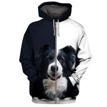 Vintage  Blue White Dog Pattern Animals Zip-Up Hoodie