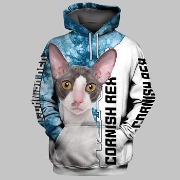 Cute And Loose Blue White Cat Pattern Animals Hoodie