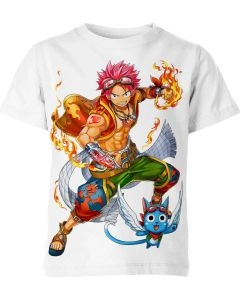 Playful White Natsu Dragneel And Happy From Fairy Tail Shirt