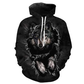  Printed animal pattern black wolf casual sweatshirt