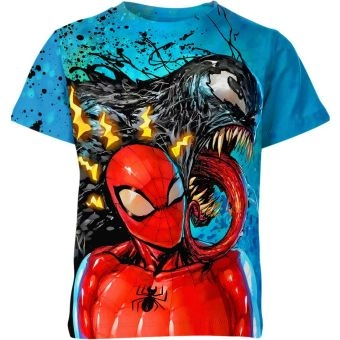 Playful Team-Up: Blue and Red Venom And Spider-man Man Shirt - A Cute And Funny Tee