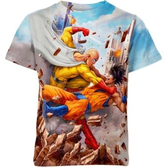 Saitama Vs Son Goku From Dragon Ball Z X One Punch Man Shirt - Blue/Orange/Multicolor