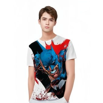 Batman: Classic and Playful Black T-Shirt with White, Blue, and Multicolor Accents